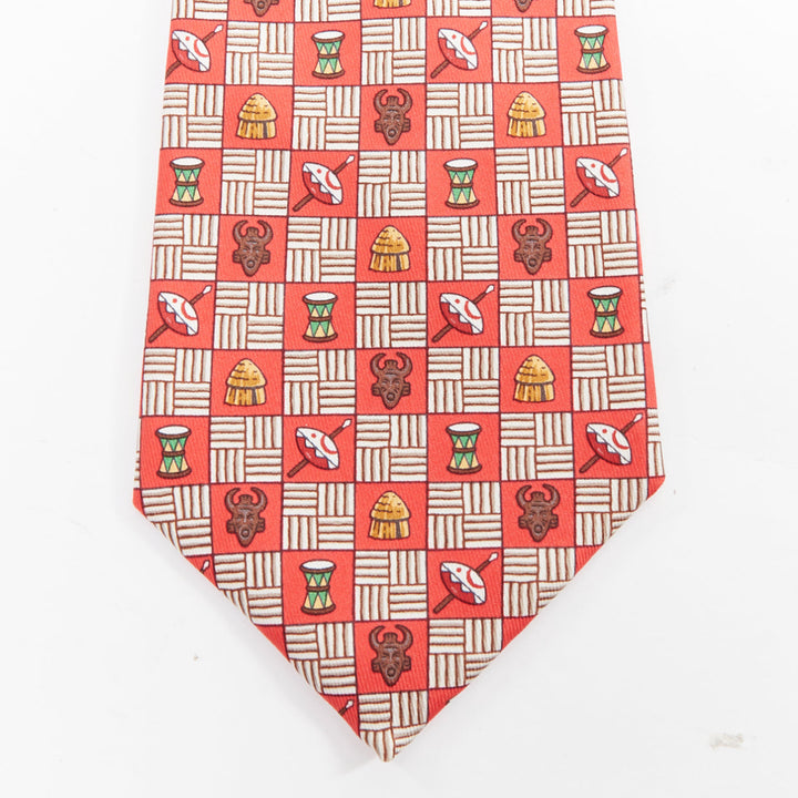 HERMES 7618 TA red brown aboriginal mask tribal drum print silk tie