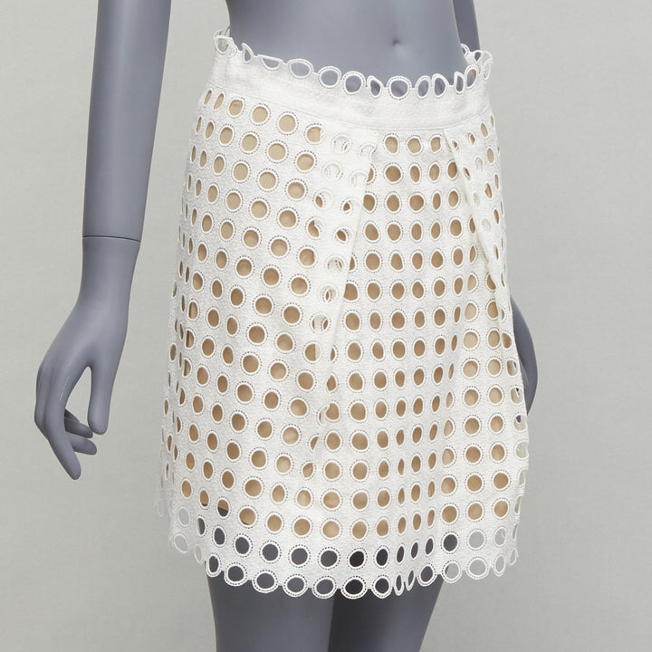 CHLOE white embroidery anglais eyelet layered silk lined skirt FR34 XS