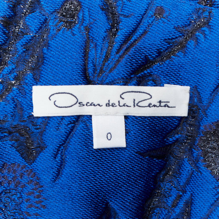 OSCAR DE LA RENTA blue black lurex floral cloque midi dress US0 XS