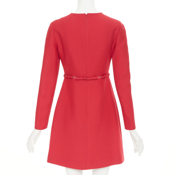 VALENTINO  red wool silk crepe ribbon mesh waist cocktail dress IT40 S