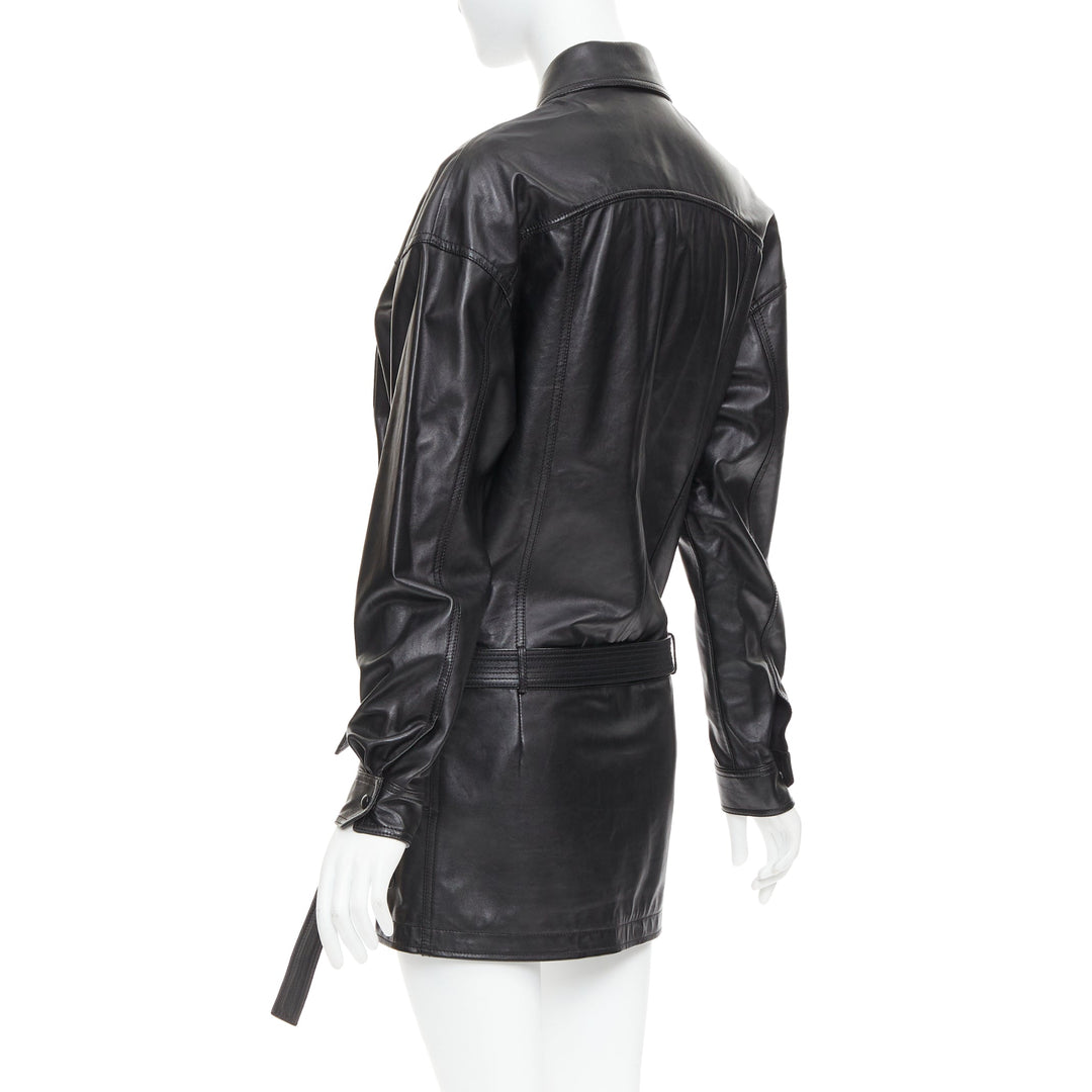 SAINT LAURENT 2018 black lambskin leather low waist safari shirt dress FR36 S