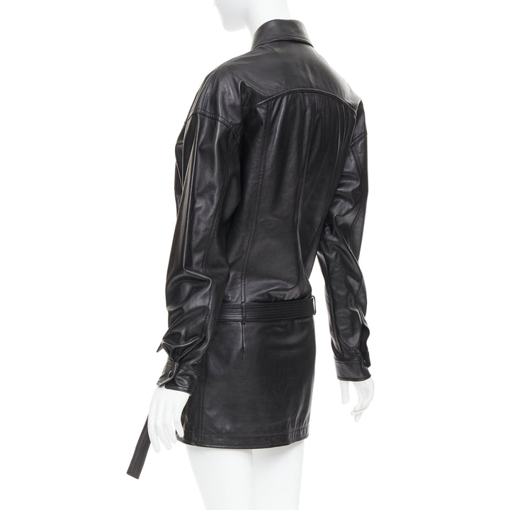 SAINT LAURENT 2018 black lambskin leather low waist safari shirt dress FR36 S