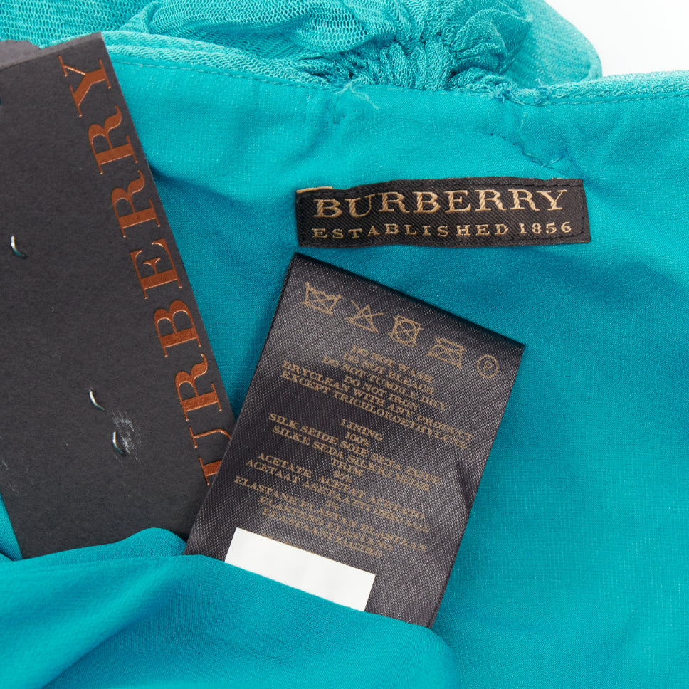 BURBERRY teal blue silk pleated satin front halter mini dress