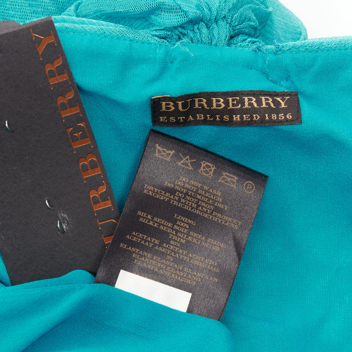 BURBERRY teal blue silk pleated satin front halter mini dress