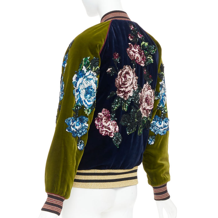 GUCCI Alessandro Michele 2017 navy olive rose sequin velvet bomber jacket IT40 S
