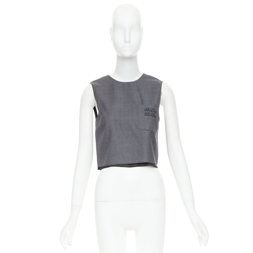 MIU MIU 2022 Runway grey virgin wool Grisaille logo crop top IT36 XXS
