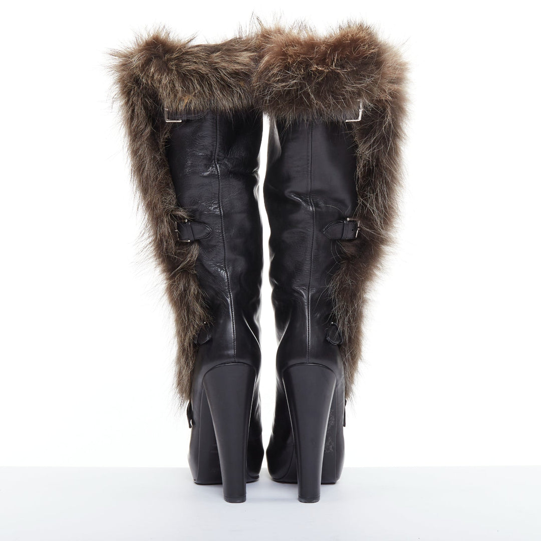 HERME 2010 Runway  black leather brown fur lined buckled block heeled boots EU39