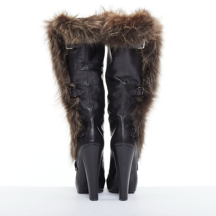 HERME 2010 Runway  black leather brown fur lined buckled block heeled boots EU39