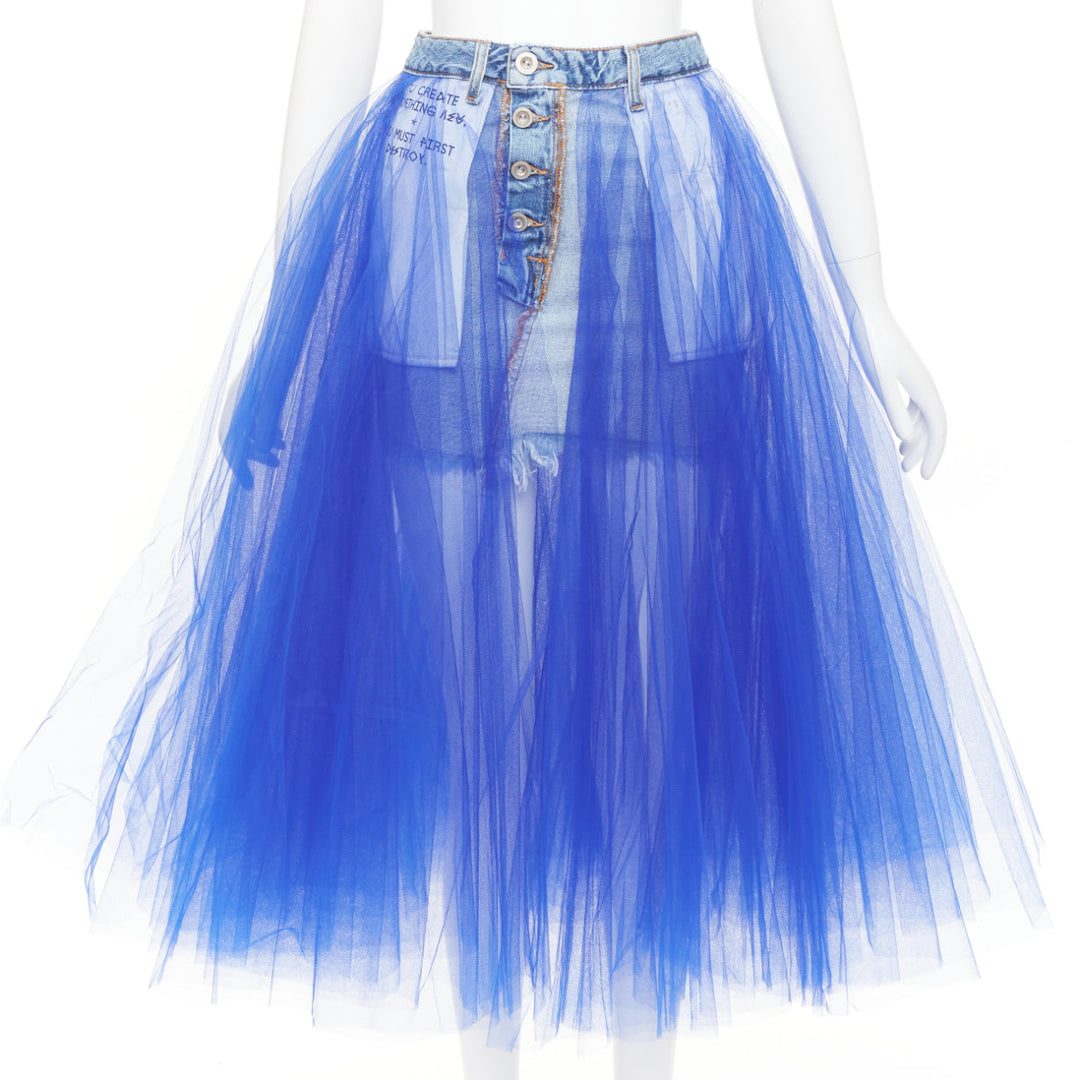 UNRAVEL PROJECT Ben Taverniti denim tulle inside out layered midi tutu skirt 24"
