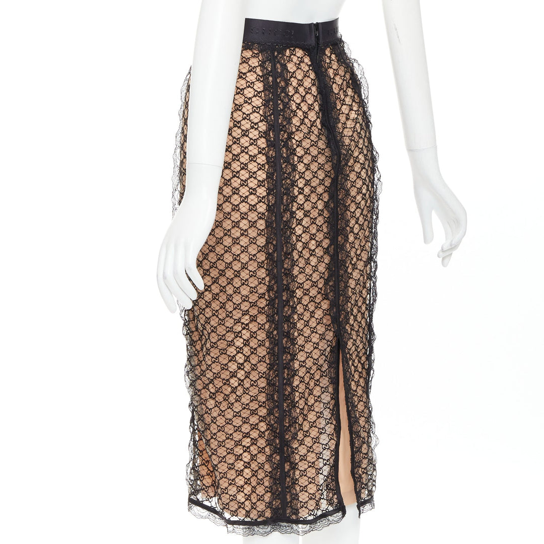 GUCCI 2022 Runway Aria black nude GG mesh lace lingerie midi skirt M