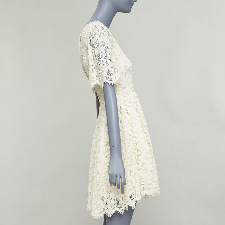 DOLCE GABBANA cream floral lace short sleeve silk lined dress IT40 S
