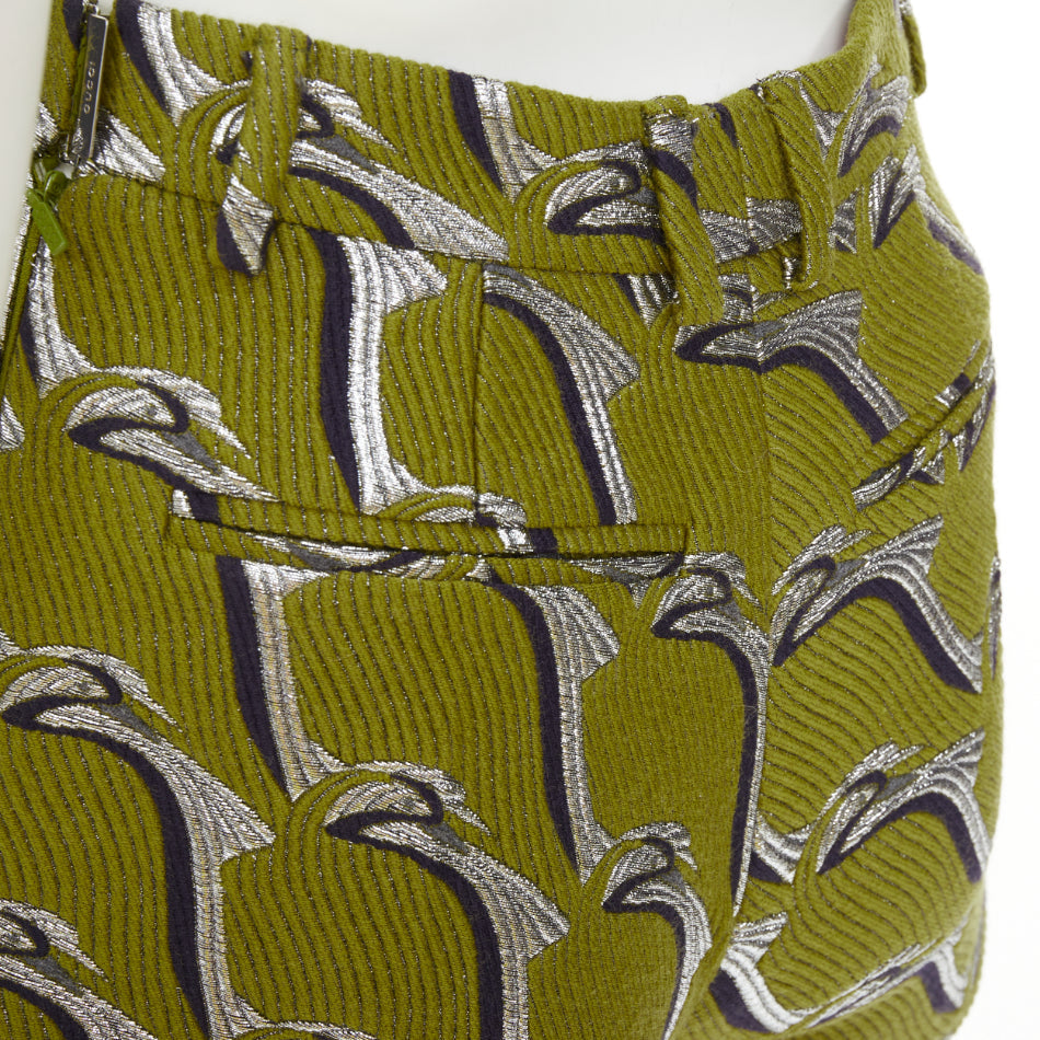 GUCCI 2024 Runway green grey Heron bird jacquard highwaist formal shorts IT38 XS