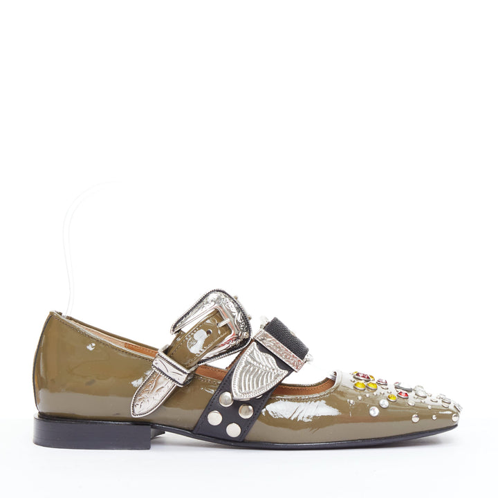 TOGA PULLA khaki green patent leather crystal embellished maryjane flat EU39