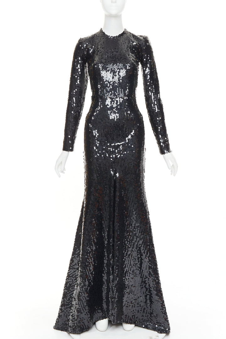 ALEXANDRE VAUTHIER black sequins long sleeve open back fishtail gown dress