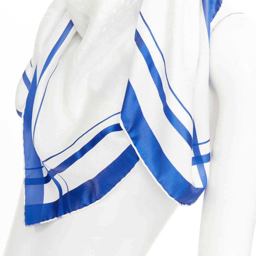 HERMES 90cm tone on tone damask white royal blue stripe frame border silk scarf
