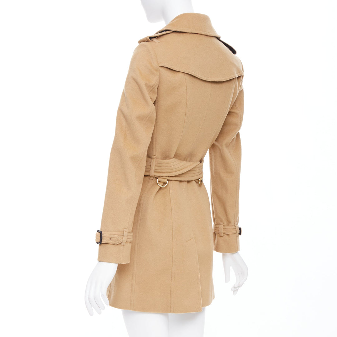 BURBERRY camel wool cashmere black logo buttons classic trench coat UK4 XXS