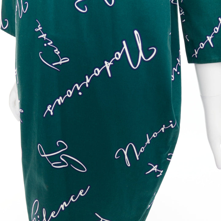 JIL SANDER green white cotton italic words graphic print cocoon dress FR32 XXS