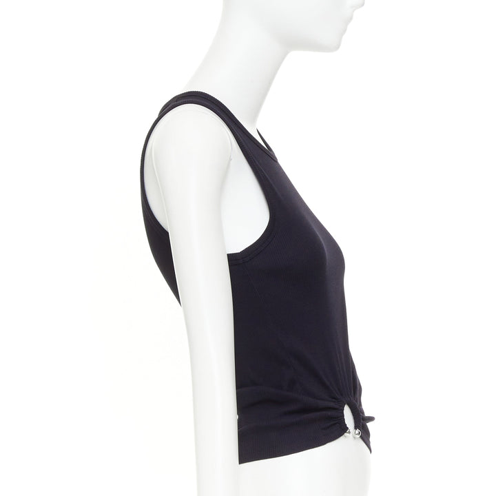 PACO RABANNE black silver piercing ring detail gathered ribbed tank top IT38 XS
