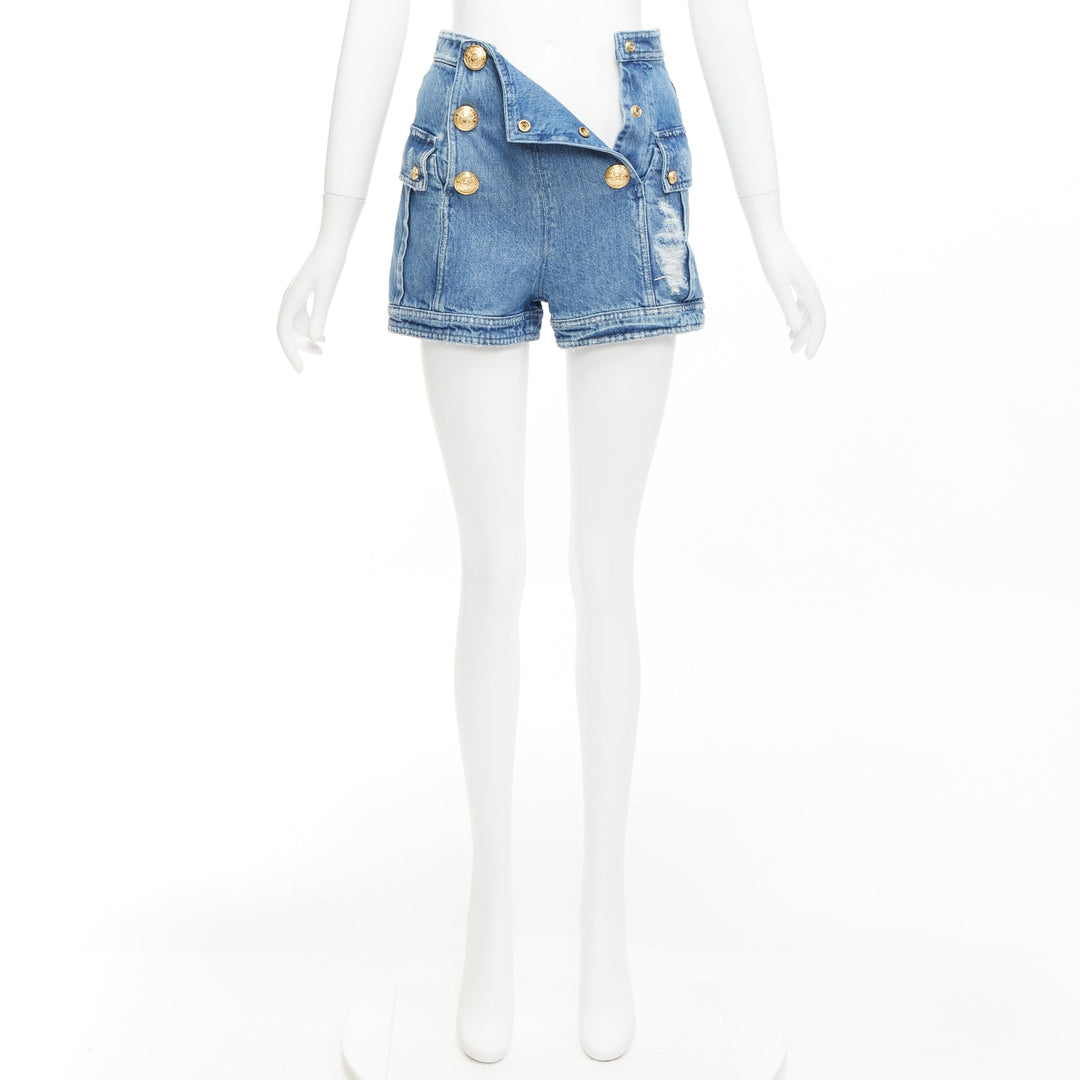 BALMAIN blue distressed denim gold buttons high waisted cargo shorts FR34 XS