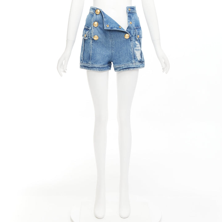 BALMAIN blue distressed denim gold buttons high waisted cargo shorts FR34 XS