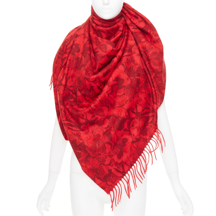 VALENTINO Camubutterfly 100% cashmere red butterfly floral print fringed scarf