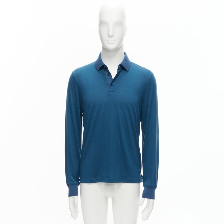 LORO PIANA teal blue 100% cashmere stitch button detail long sleeve polo shirt M