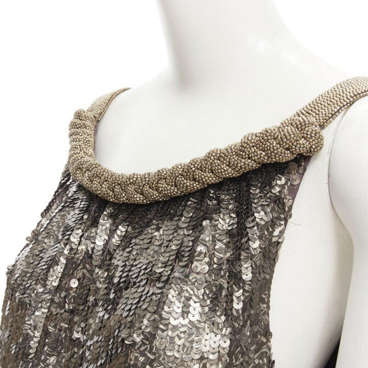 DRIES VAN NOTEN Vintage silver beaded braid neckline silver sequins dress FR40 M