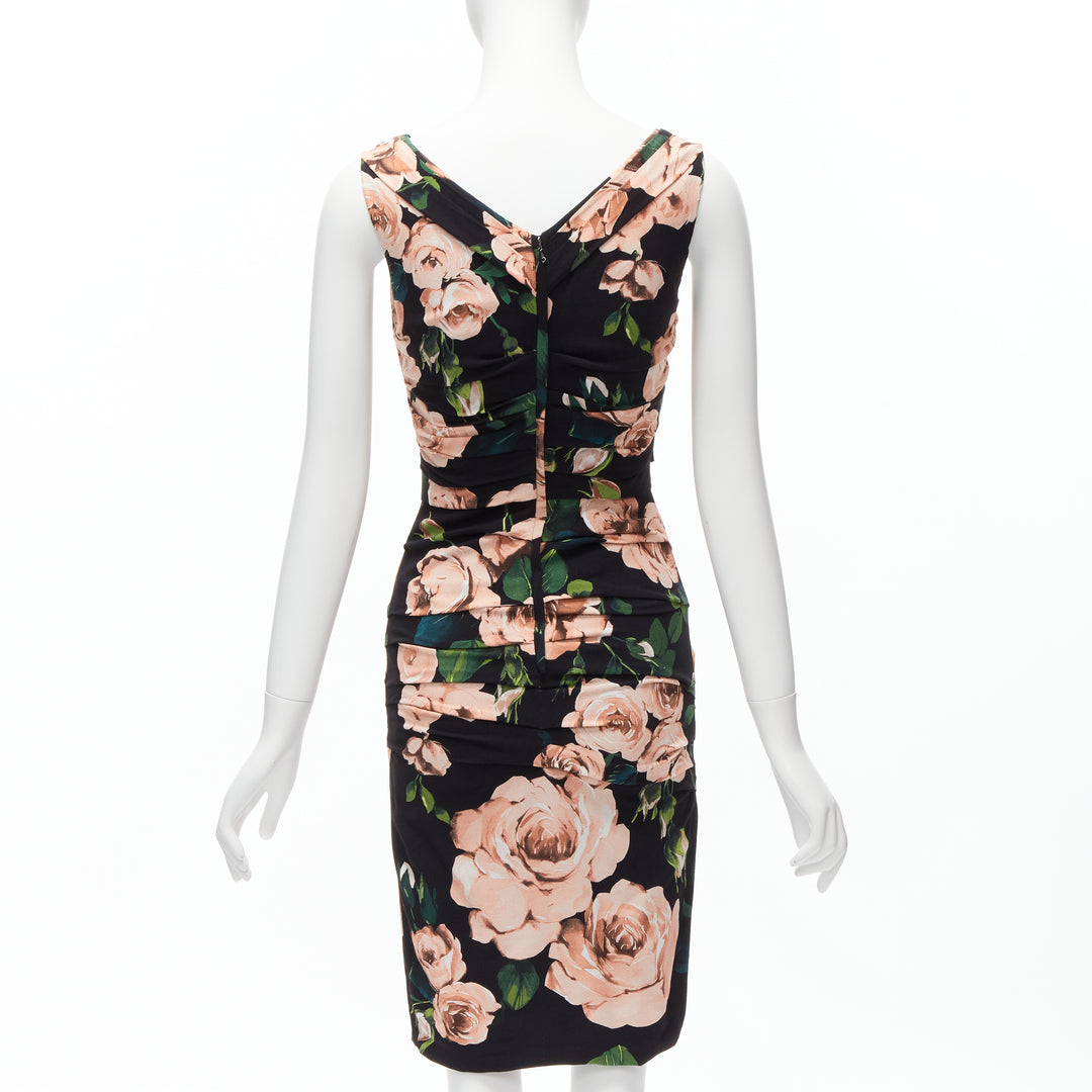 DOLCE GABBANA black pink rose print silk lined draped mid cocktail dress IT38 XS