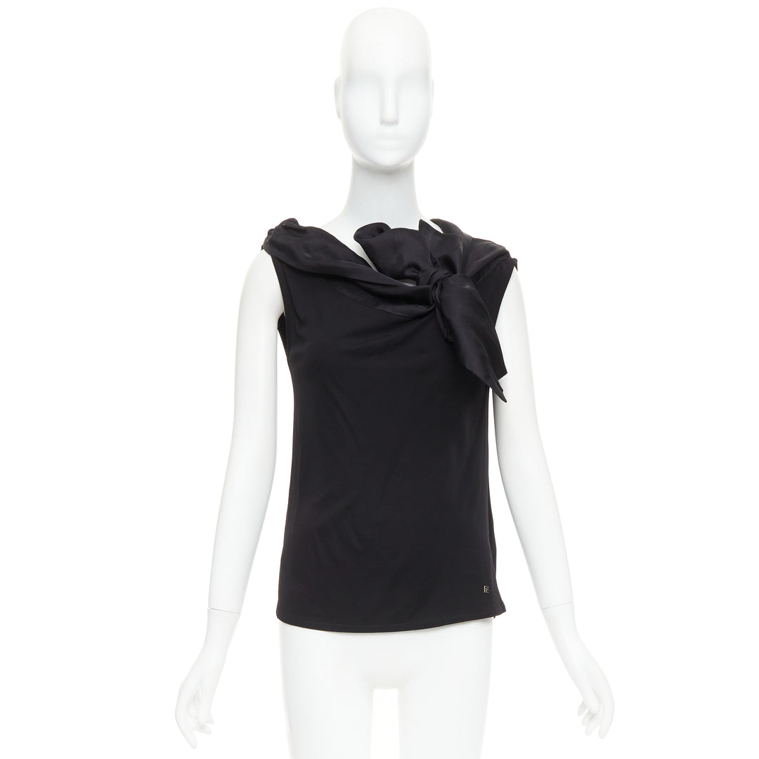 CAROLINA HERRERA black viscose silk bow asymmetric vest top S