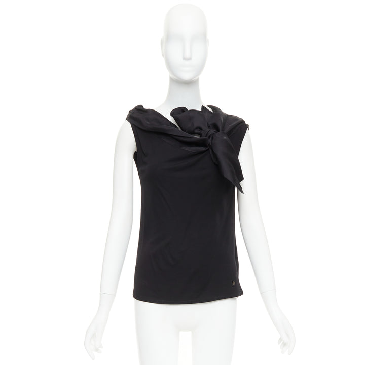 CAROLINA HERRERA black viscose silk bow asymmetric vest top S
