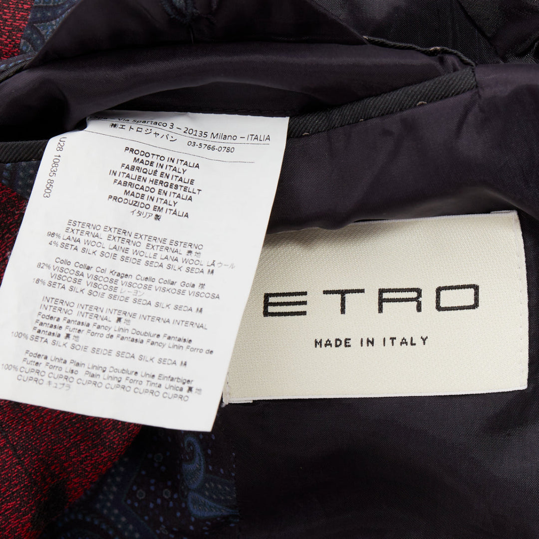 ETRO wine red velvet trim wool silk single breasted floral blazer IT52 XL