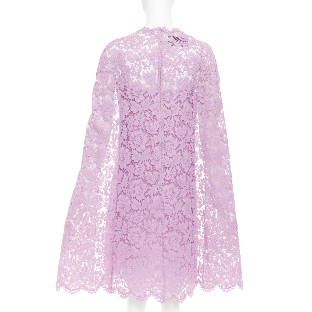 VALENTINO purple floral lace cape sleeve silk lined mini dress IT40 S