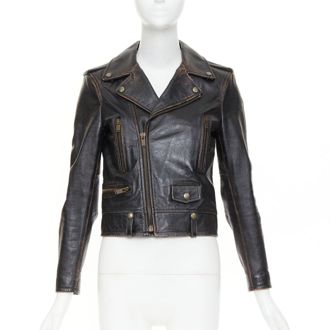 SAINT LAURENT 2017 Thunder Studded brown distressed calfskin moto jacket FR38 M
