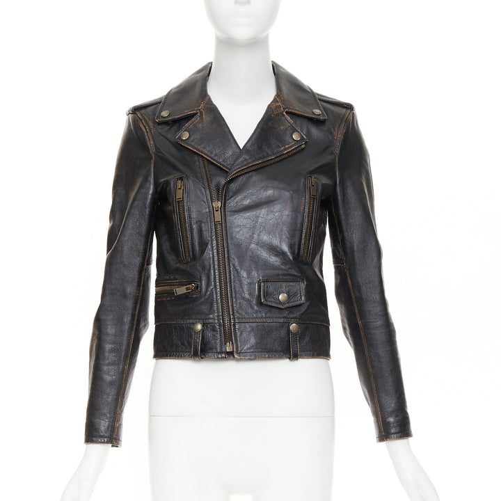 SAINT LAURENT 2017 Thunder Studded brown distressed calfskin moto jacket FR38 M