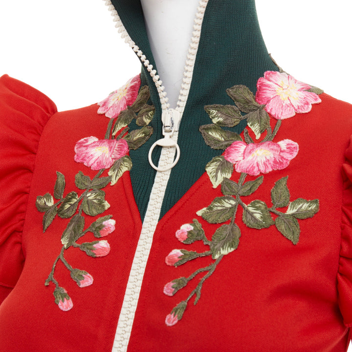GUCCI 2017 red pink flower embroidery applique web ruffle zip track jacket XS