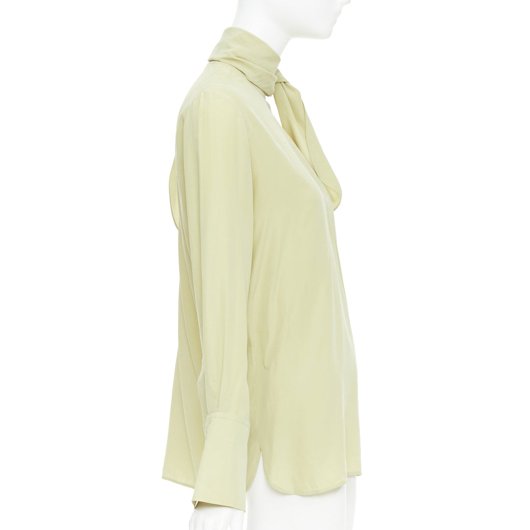 JOSEPH Geoff pea green silk toile tie neck buttons long sleeve blouse FR36 S