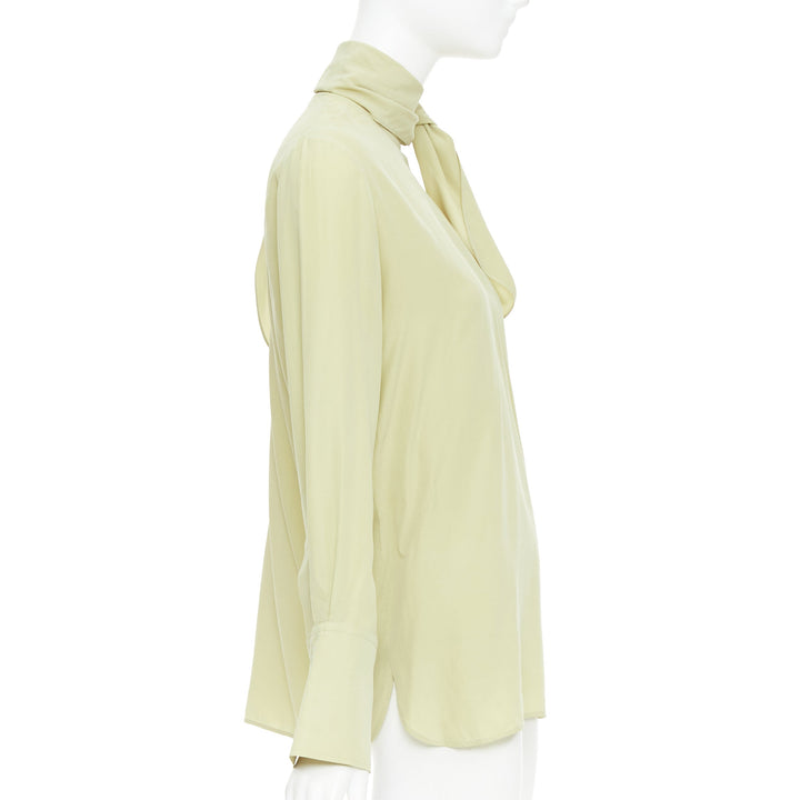 JOSEPH Geoff pea green silk toile tie neck buttons long sleeve blouse FR36 S