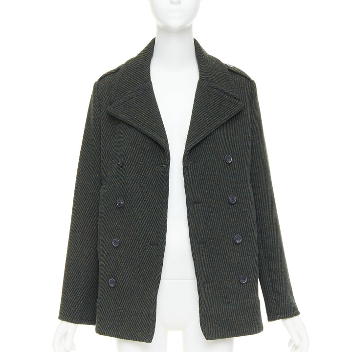 CHRISTIAN DIOR green virgin wool ribbed knit double breasted pea coat FR36 S