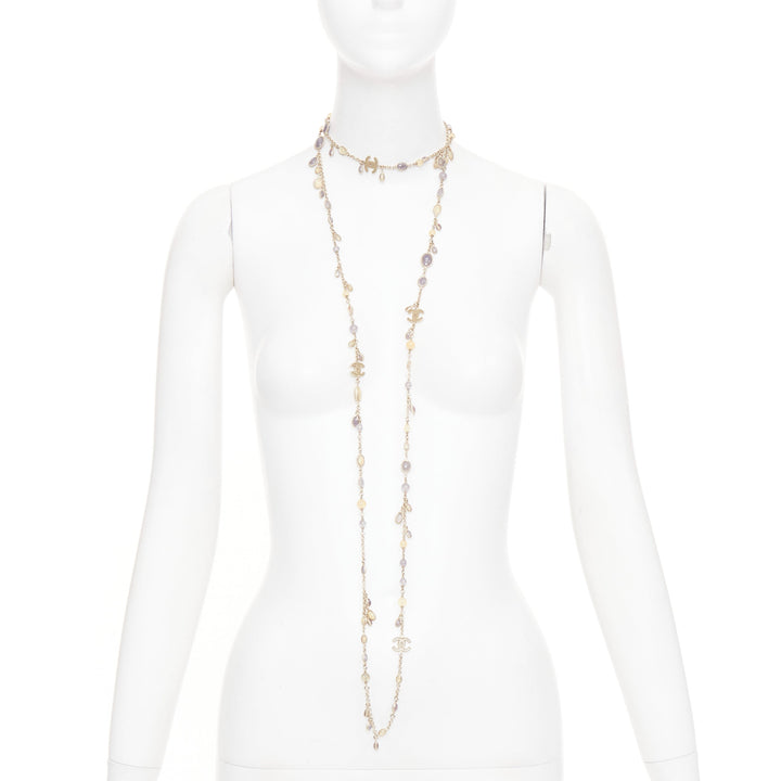CHANEL B12C beige grey CC logo resin crystal gold chain sautoir long necklace