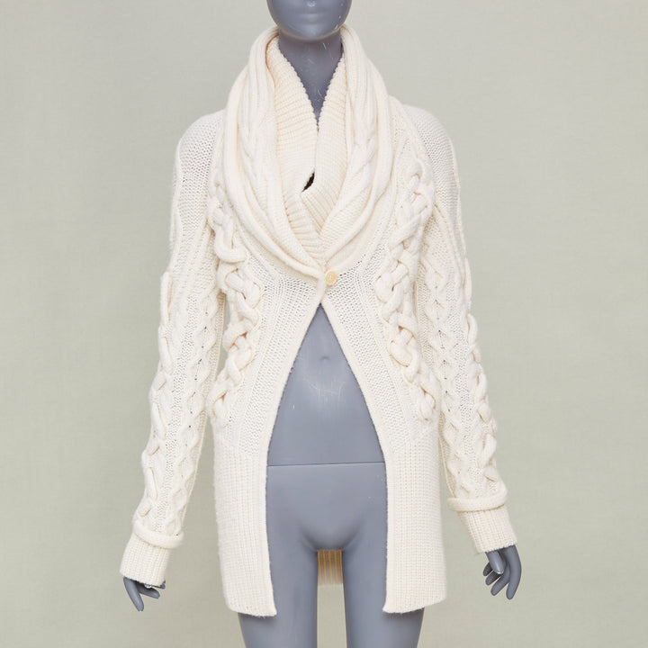 GIVENCHY 2011 strategic chunky cable knit cream cowl neck long cardigan top XS