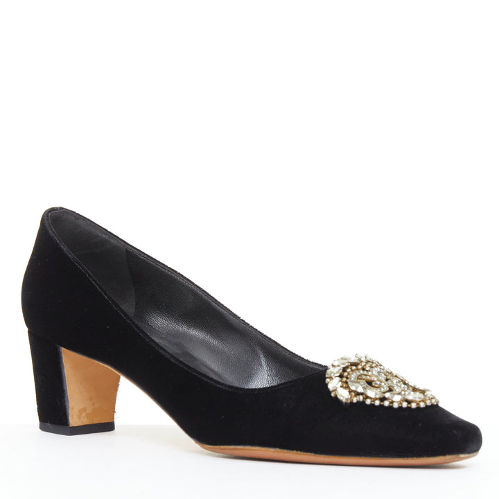 MANOLO BLAHNIK Okkato black velvet crysta jewell buckle pump EU39