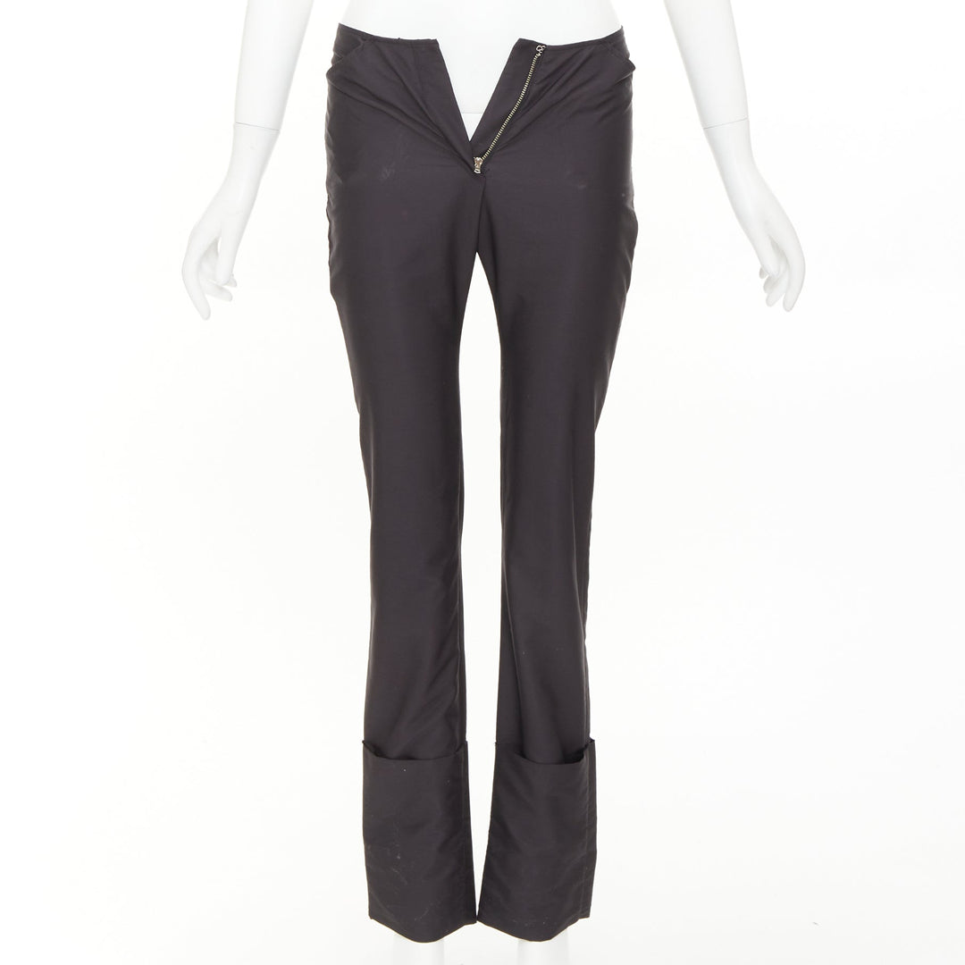 HELMUT LANG black nylon zip fly rolled cuffed flare pants IT40 S