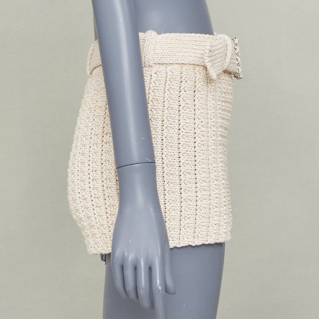 CHANEL 2025 Runway beige chain buckle belted textured ribbed knit shorts FR34 XS
