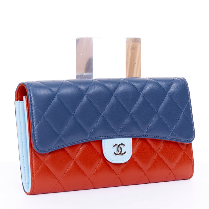 CHANEL red blue cyan tricolor classic quilted lambskin leather CC flap wallet