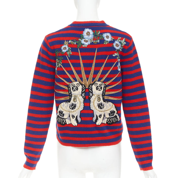 GUCCI 2017 Runway wool red blue stripe Tiger Head intarsia crew sweater XS