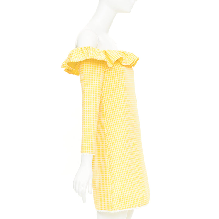 MIU MIU 2019 yellow white gingham check ruffle off shoulder mini dress M