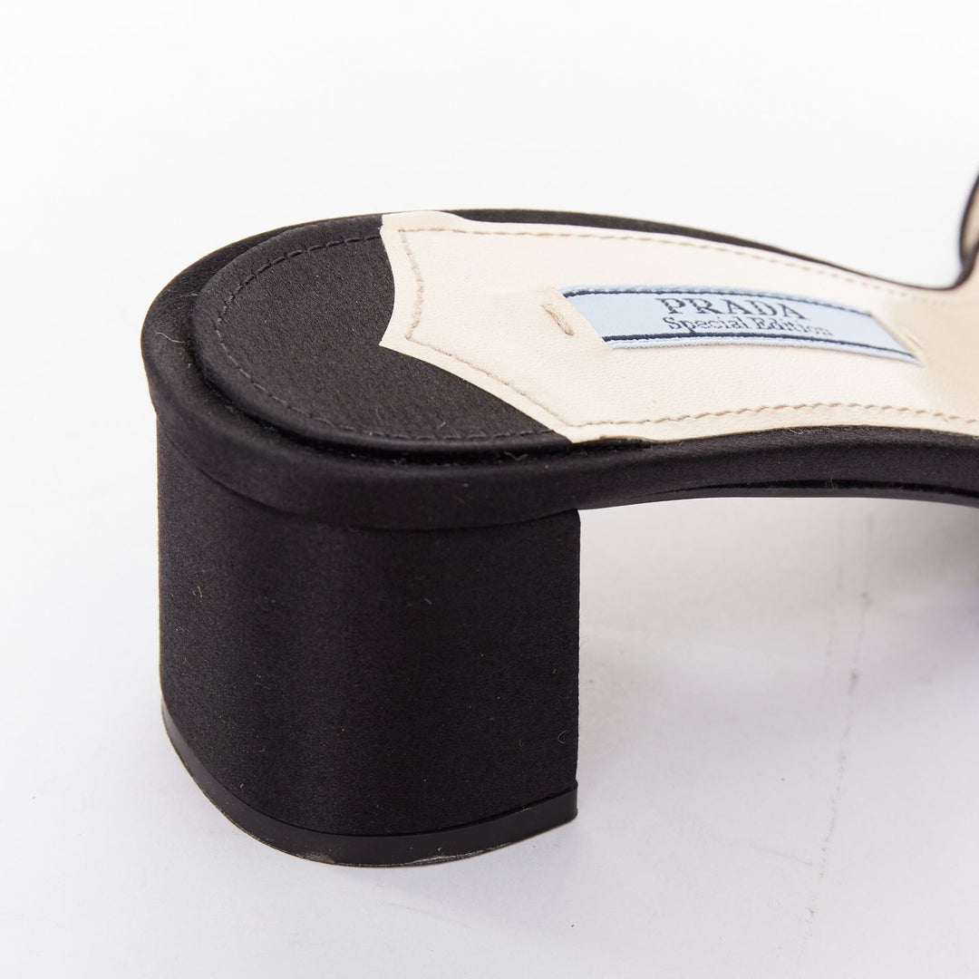 PRADA Special Edition red crystal lip black satin block heeled mules EU37.5