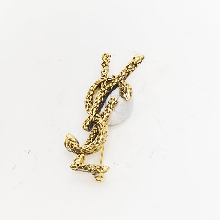 SAINT LAURENT 2022 Cassandre Opyum Snake YSL aged gold textured metal pin brooch