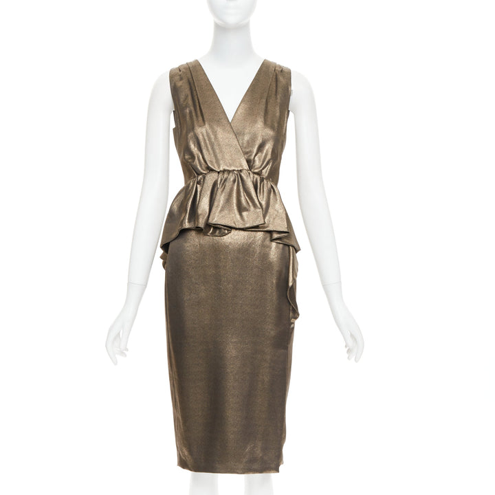 MOSCHINO rustic metallic gold draped peplum V-neck midi cocktail dress IT40 S
