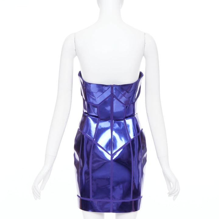VERSACE 2010 Runway blue metallic silk leather corseted dress IT38 XS Katy Perry